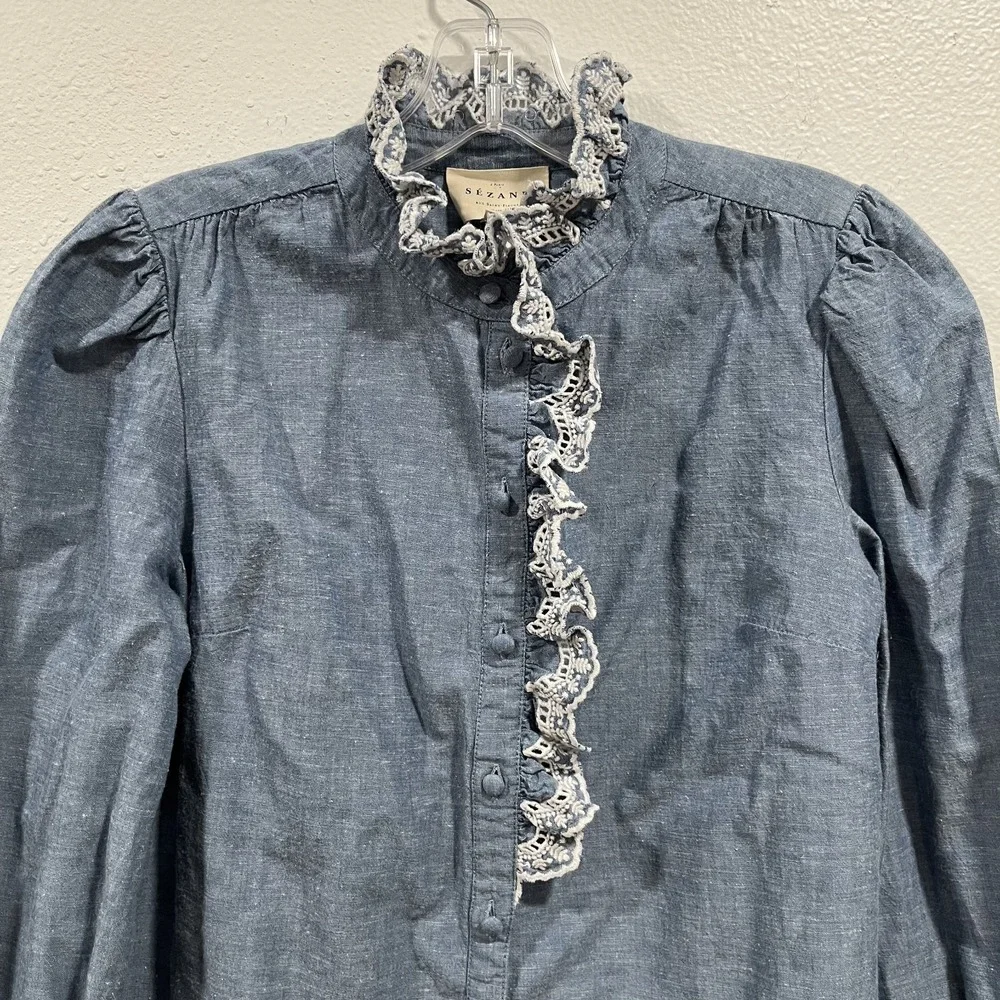 Sézane Chlo Blue Chambray Denim Lace Eyelet Embroidered‎ Shirt Size EU 34